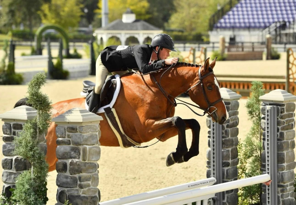 Callaway Saylors rider jumping a bay hunter over a stone-pillar fence
